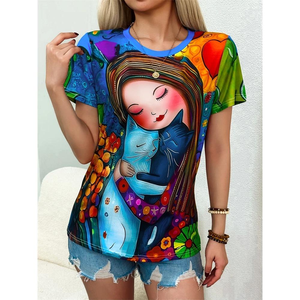 New Women's T Shirt Summer Short Sleeve Abstract Face Printed Round Neck Loose Short Sleeve Oversized Y2K Streetwear