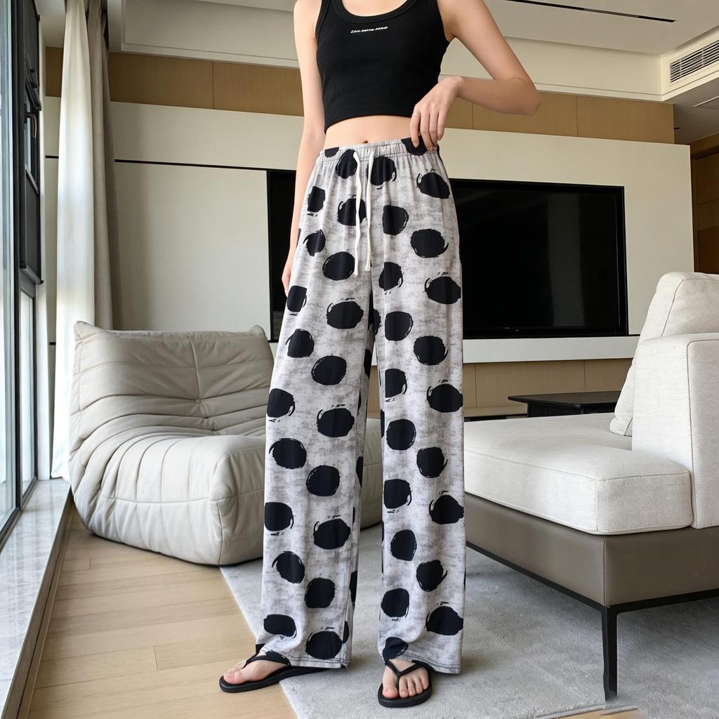 Black & White Striped Wide-Leg High-Waist Summer Pants for Women - Ink Painting Style, Slim Fit, Loose Draped Ice Silk Casual Trousers.