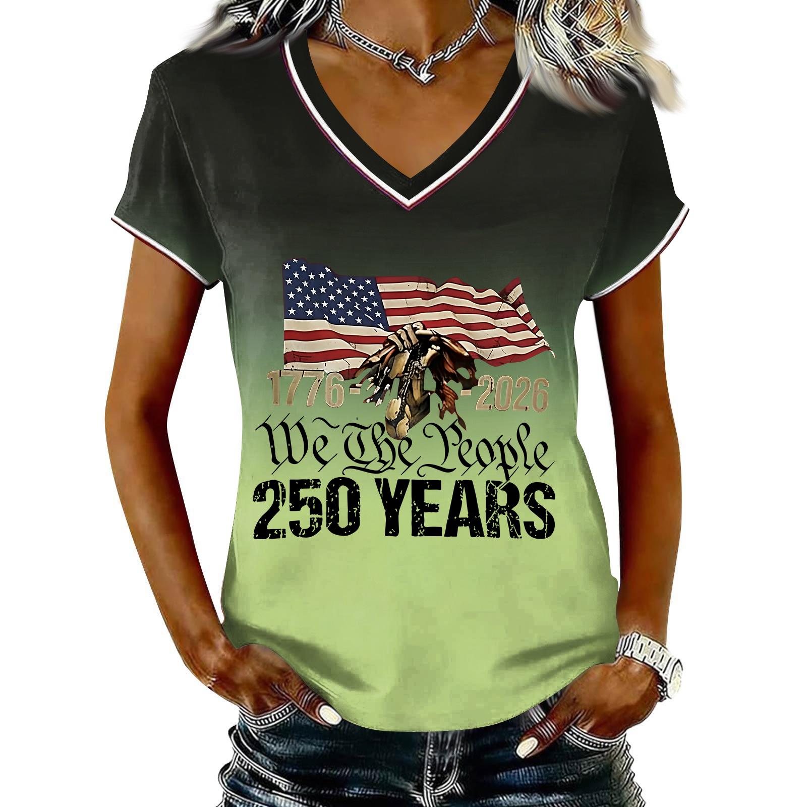 

Women s Casual V Neck Short Sleeve Pullover T Shirt Gradient Print Independent Day Graphic Top Lightweight Soft Fabric XXL