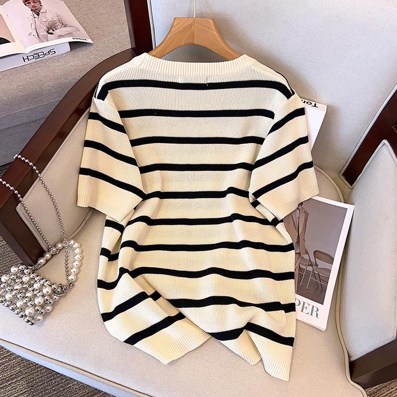 Plus Size Women's Summer Ice Silk Knit Top - Slimming Short Sleeve T-shirt 8131