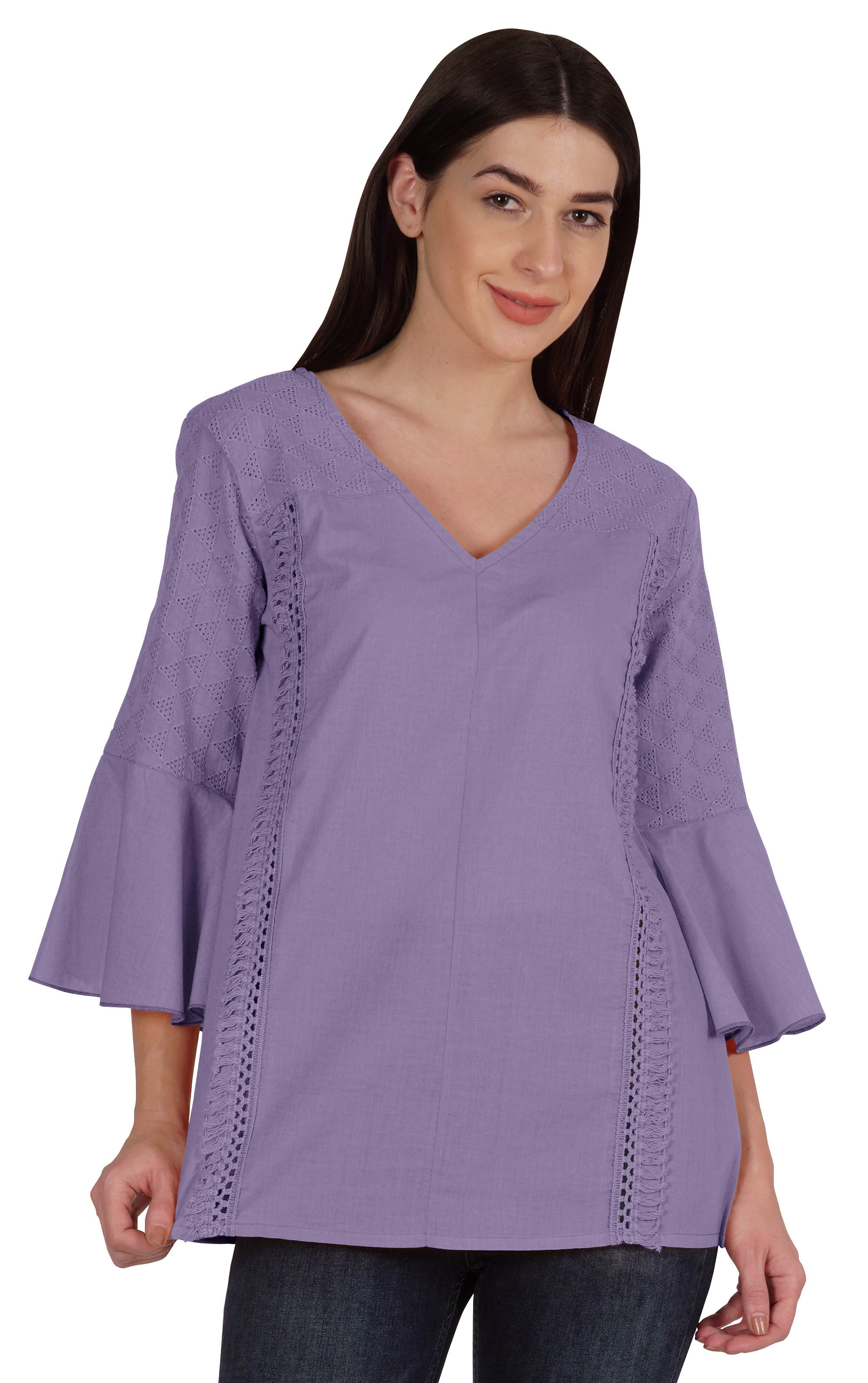 

Moomaya Bell Sleeve Cotton Tunic For Womens V-neck Plain Summer Schiffli Top XS фіолетовий