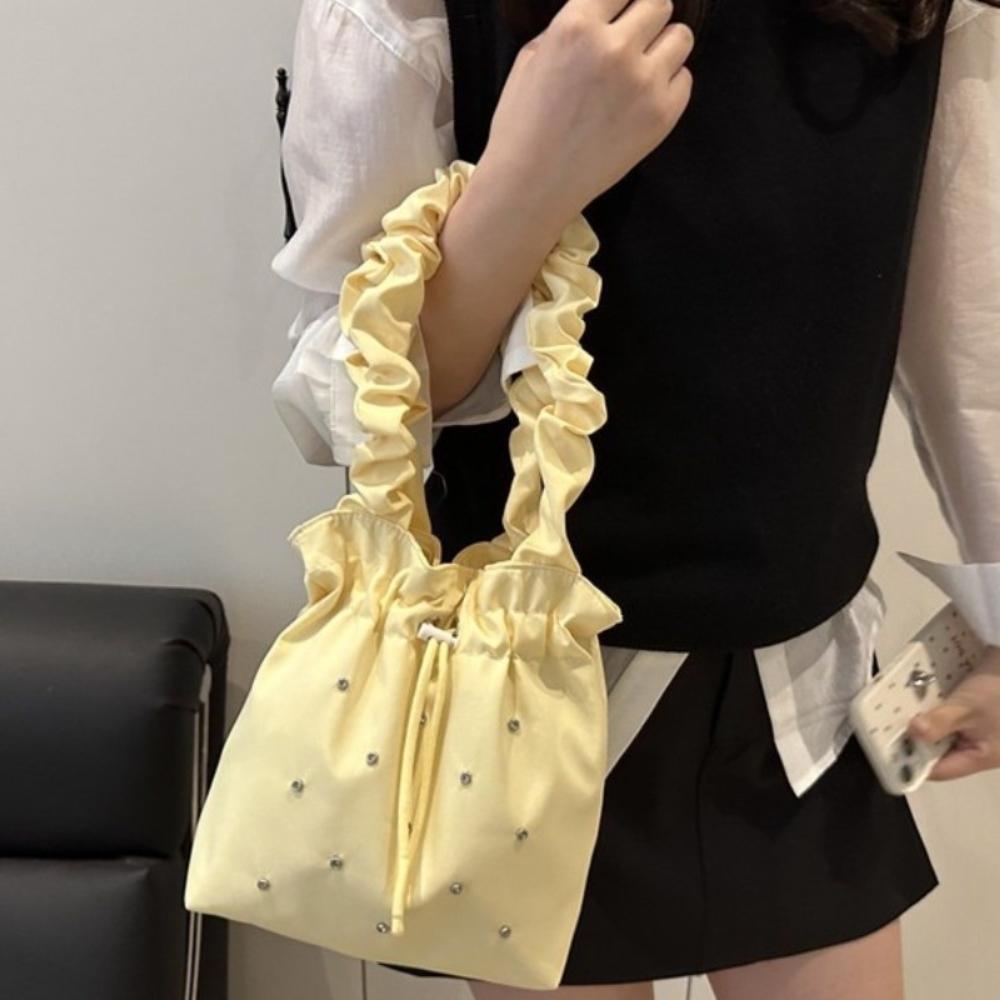 Versatile Nylon Shoulder Bag Sweet Drawstring Handbag Stylish Pleated Tote Bag Female