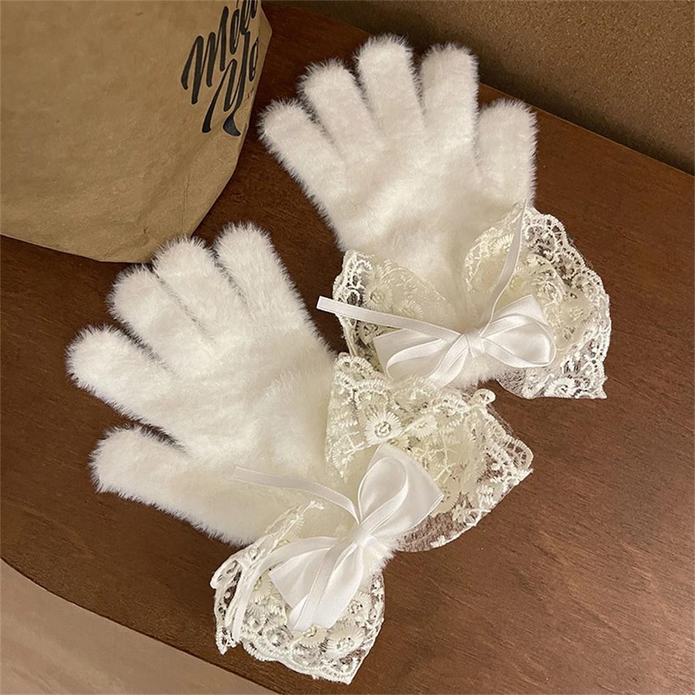 Lolita Winter Warm Knitted Full Finger Gloves Women's Ribbon Ties Lace Gloves Lady Thickened Fleece Woolen Mittens Warm