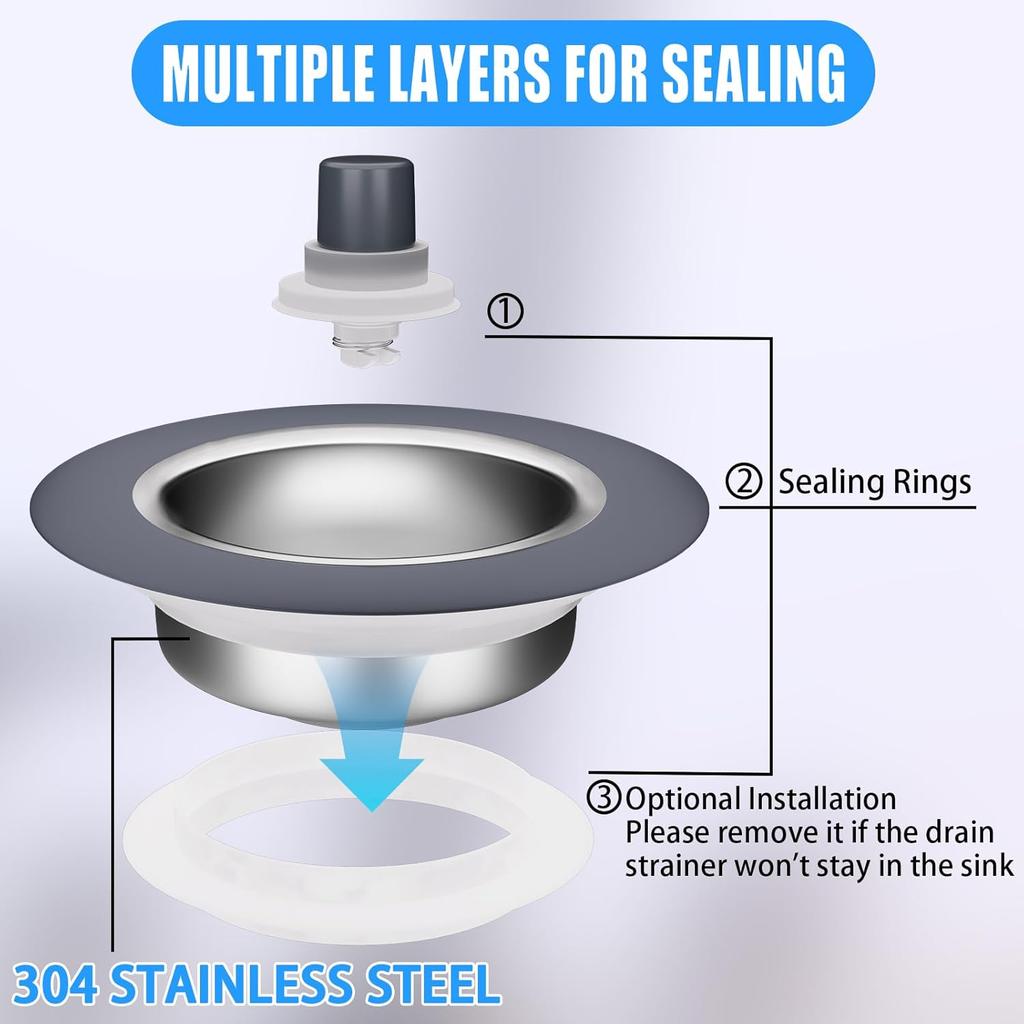 2 Pack - 3 in 1 Kitchen Sink Drain Strainer, 304 Stainless Steel Bounce Core Sink Stopper with Basket Filter Pop-up Sink Plug for Standard 3-1/2 Inch