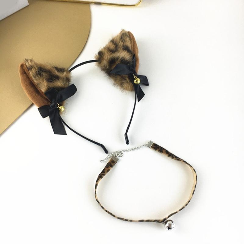 Leopard Cats Ears Headband with Bells Collar Set Cats Costumes Accessories for Women Halloween Cosplay Party Costumes