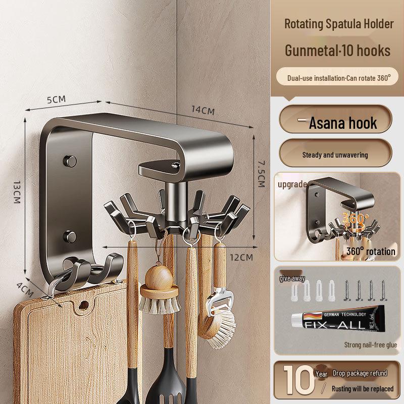 Multi-Function Wall-Mounted Rotating Hook & Spatula Storage Rack