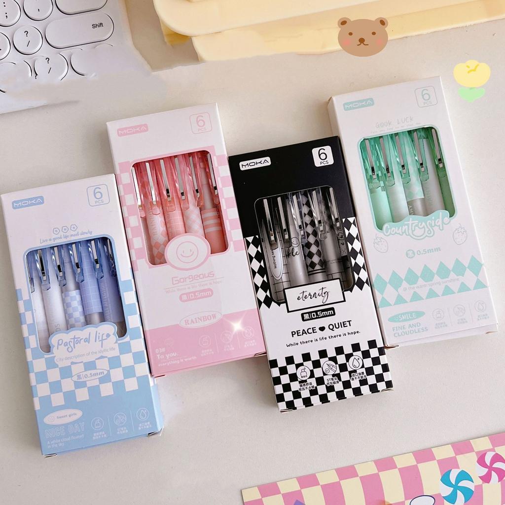 Set di 6 penne gel a scacchiera Solo serie Crema Punta a sfera da 0,5 mm Inchiostro di colore nero per scrivere A7450