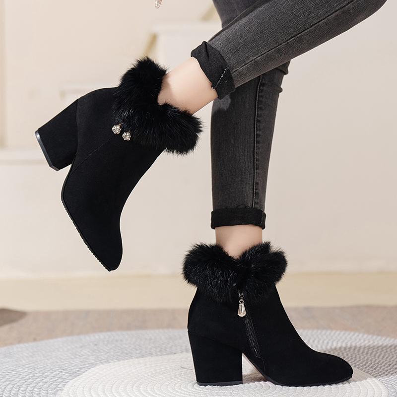 Fashion Women Fur Winter Warm Pointed Ankle Boots 2024 New Luxury Rhinestone Decoration Zipper Women Boots Comfortable Female Shoes