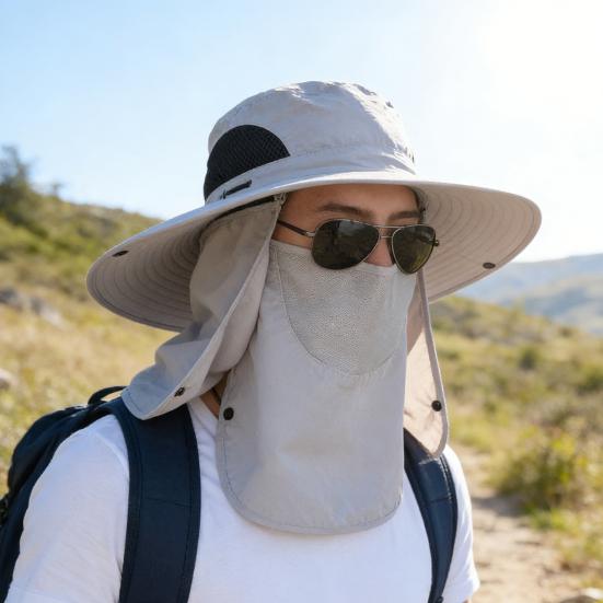 Men Fisherman Hat Wide Brim Breathable Mesh Design Quick-Drying Bucket Hat with Neck Shawl Face Guard Outdoor Fishing Hat