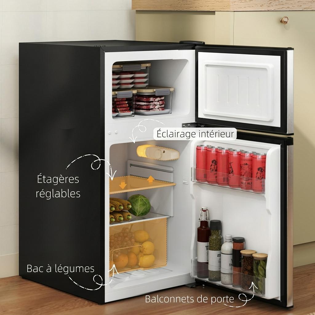 Refrigerator freezer 88 L, small combined refrigerator with reversible doors and lighting, 45.5x50x86.5cm, black