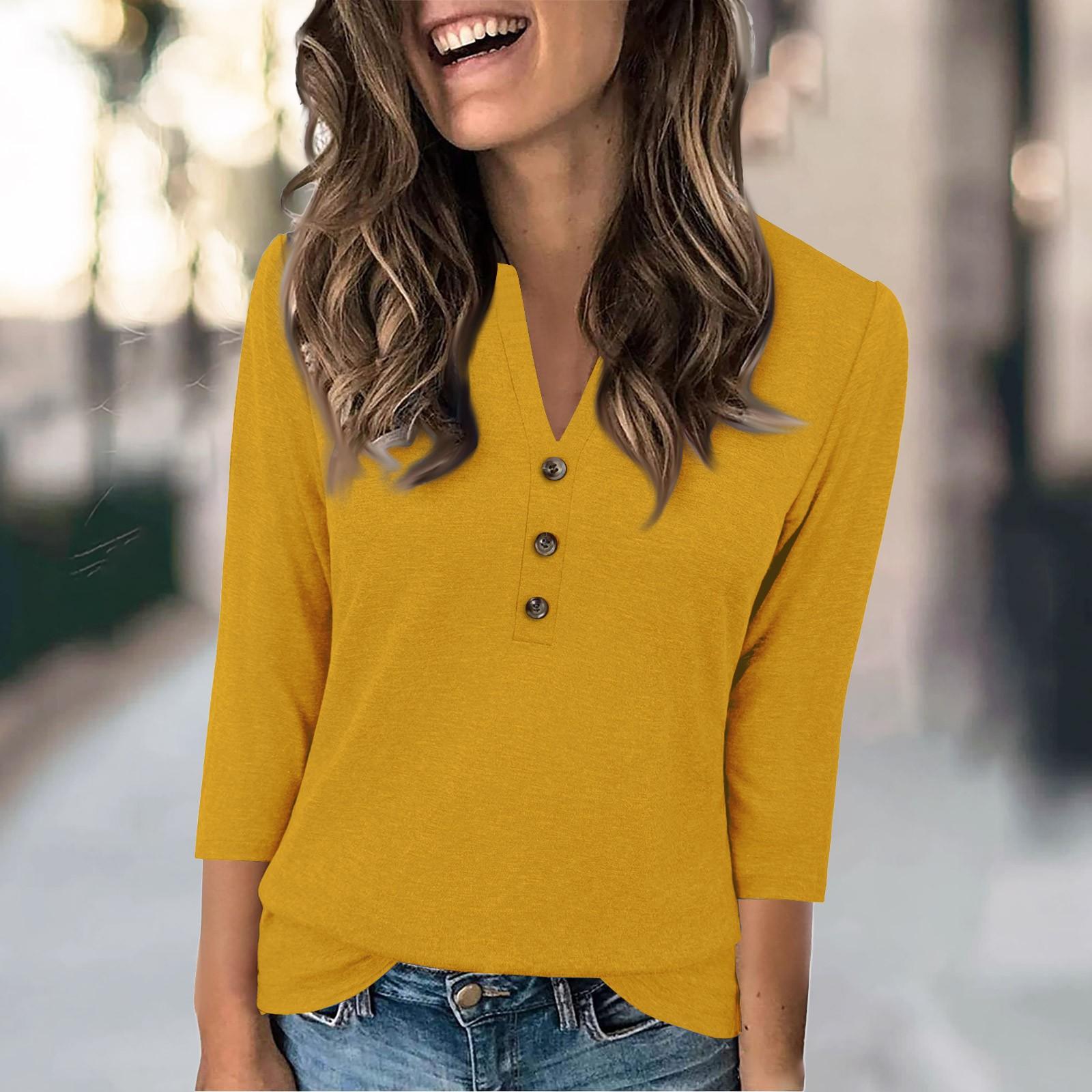 

Женская мода повседневный свободный топ с рукавом 3/4 в полоску с круглым вырезом XL жёлтый