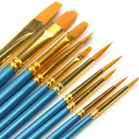 10x Round Pointed/Flat Tip Nylon Hair Acrylic Watercolor Artist Paint Brush Set