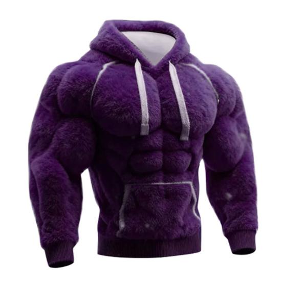 Yousheng Men Muscle Hoodie 3D Pattern Fuzzy Pullover Muscular Long Sleeve Warm Hooded Sweatshirt for Casual Sports Streetwear Fashion
