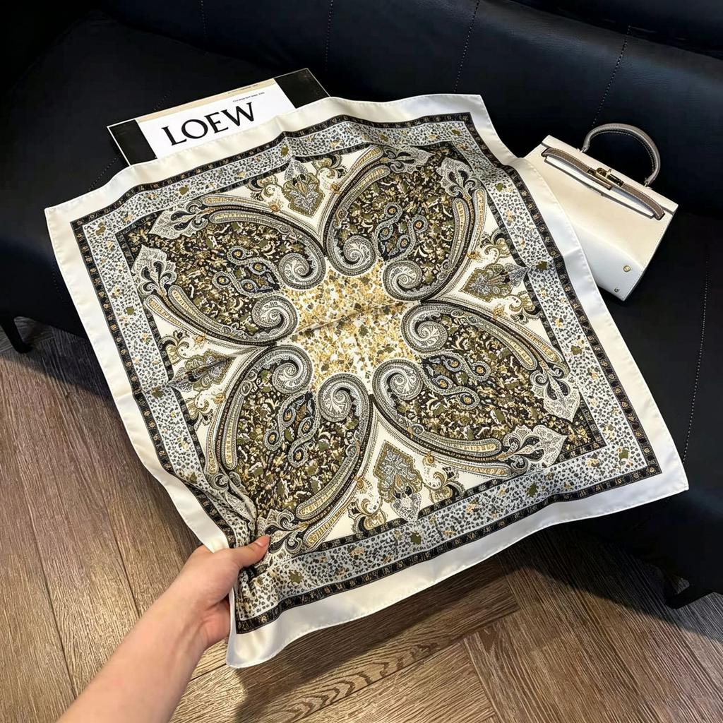 71Cm New Chinese Simulation Silk Square Scarf Soft and Skin-friendly Ink Flower Rhyme Printing Silk Scarf Neck Sunscreen Small Scarf