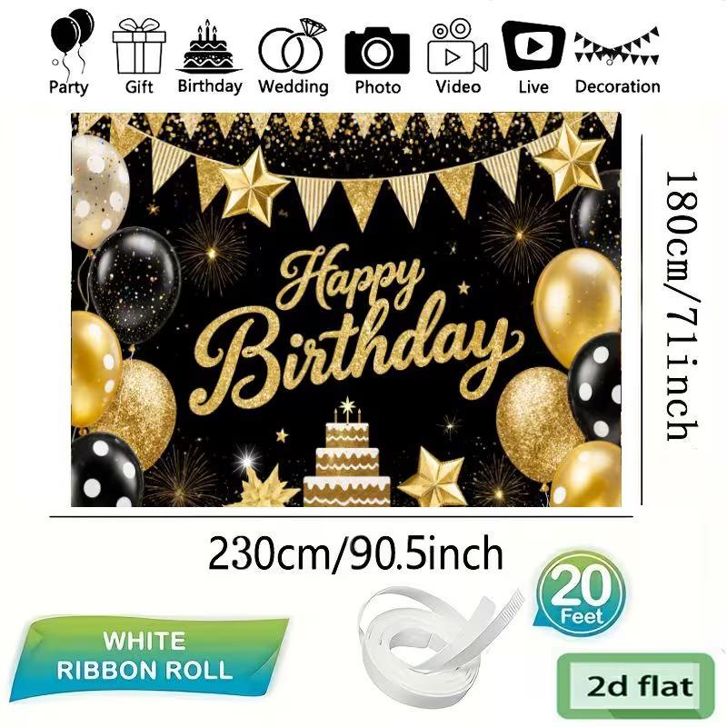 

2D Black & Gold Themed Birthday Photo Booth Backdrop with Stars & Confetti 47.2x31.5inch/120*80cm