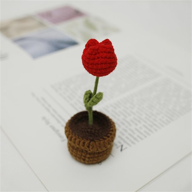 Crochet Heart Shape Flower In Pots Knitted Wool Mini Flower Potted Plant Romantics Ornament for Valentines Day Gift