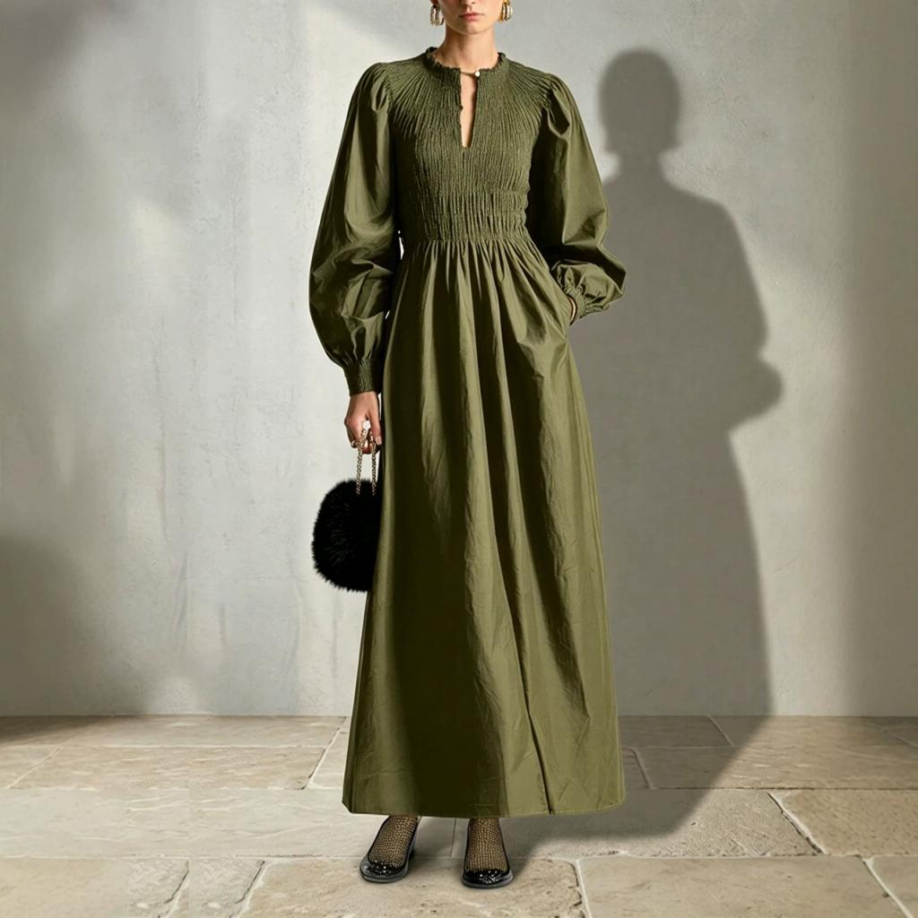 European and American early autumn new elegant A-shaped dress long dress temperament wind bubble sleeve pocket fold