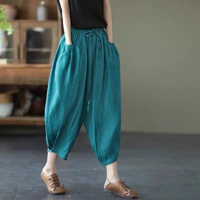 Summer Vintage Cotton Linen Women's Pants With Elastic Waist And Thin Loose Lantern Pants Solid Color Leggings
