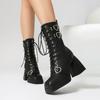 Autumn and Winter High-heeled Platform and Ankle Boots Square Head Front Lace-up Low-tube Martin Boots for Women