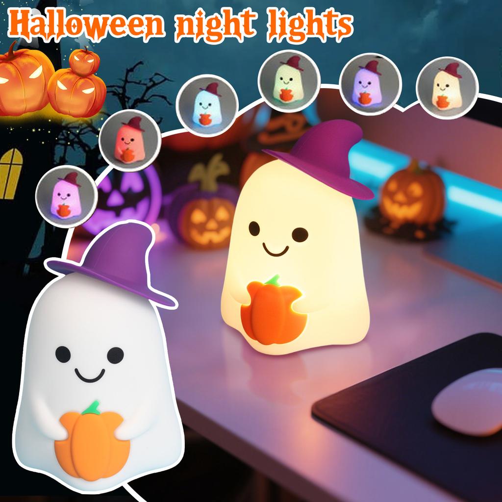 Cute Night Light, Halloween 7-Color Changing Silicone Hand-Controlled Lamp, USB-C Rechargeable Dimmable Bedside Lamp For Kids' Bedroom