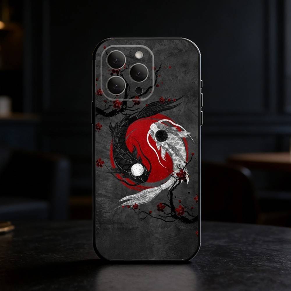 Koi Carp Fish Yin Yang Art Phone Case For iPhone 17,16,15,14,13,12,11 Plus,Pro,Max,Mini Silicone Black Soft Cover