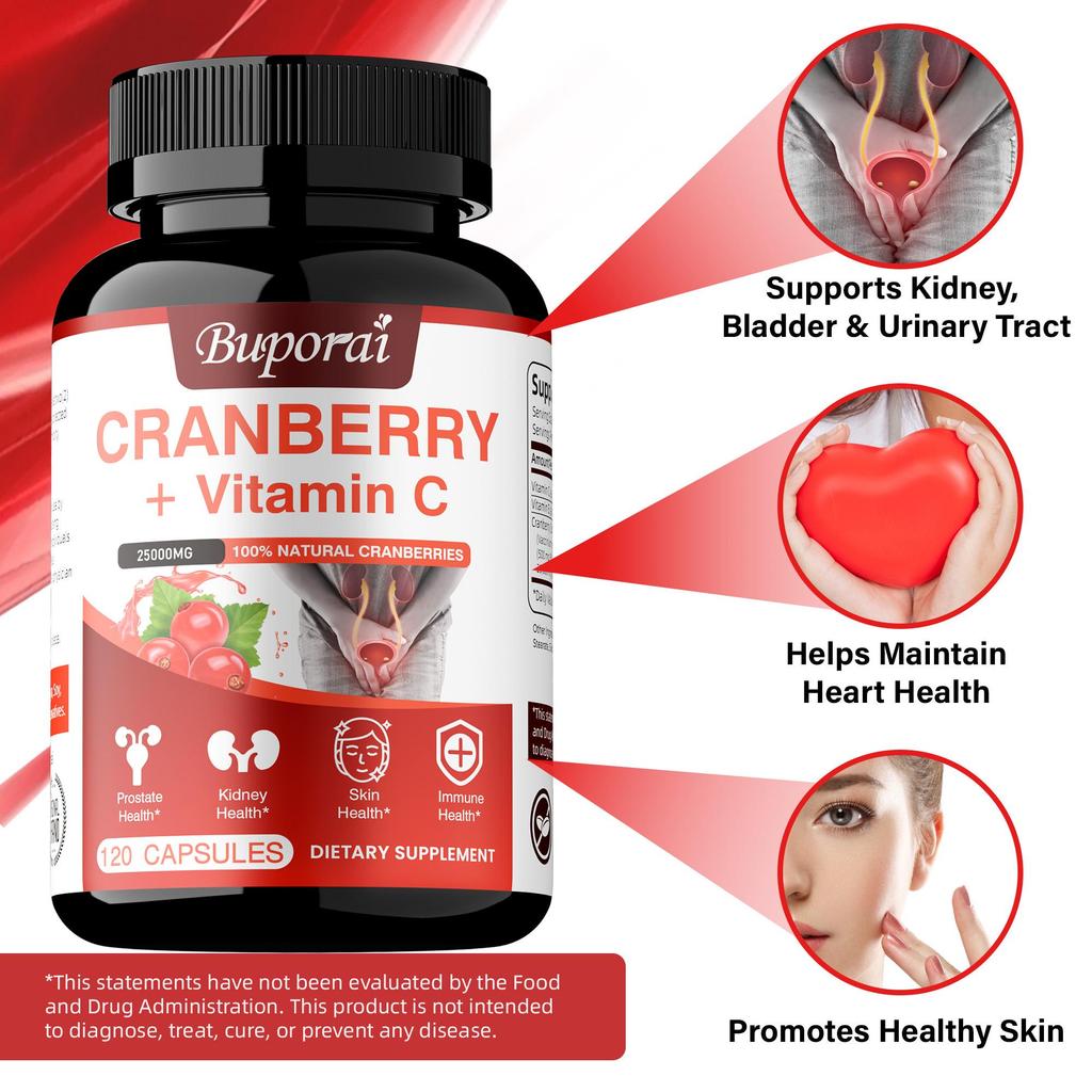 Cranberry + Vitamin C Nahrungsergänzung zur Unterstützung des Harnwegs- und Immunsystems, der Herz-Kreislauf-Gesundheit