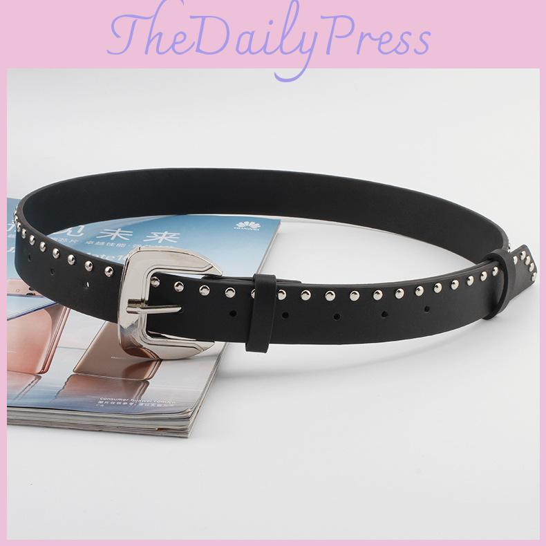Rivet Belt Black Pin Buckle Adjustable Single Loop Design For Men Women And