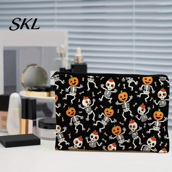 Large Capacity Pencil Pouch Halloween Storage Bag, Cosmetic with Pumpkin Small Toiletries Organizer Castle Skull Print, Smooth Zipper Thickened Canvas