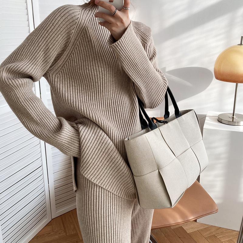 Women Sweater Suit Fall and Winter Solid Color Round Neck Sweater Set Women's Loose Knitted Top Clothing Wide Leg Pants Two-piece Set