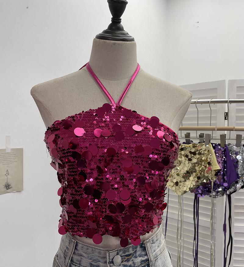Halter Crop Top with Sequins and Open Back (Style 1083)