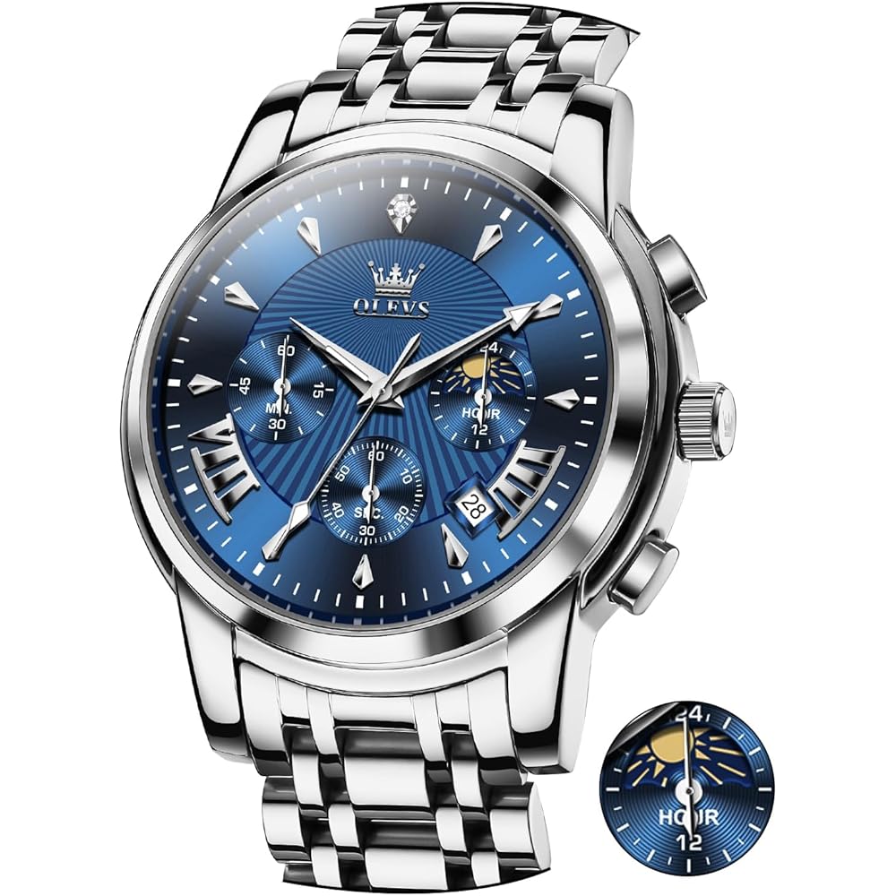 OLEVS Men s Chronograph Watch Blue/White Analog Waterproof Business Style Large Display Quartz
