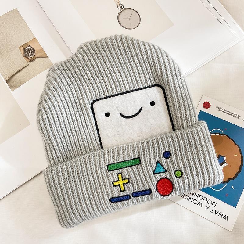 BMO Lake Blue Wool Knitted Hat Unisex Women Beanie Skullies Finn Jake Beanies Caps Cute Smiling Face Winter Warm Bonnet