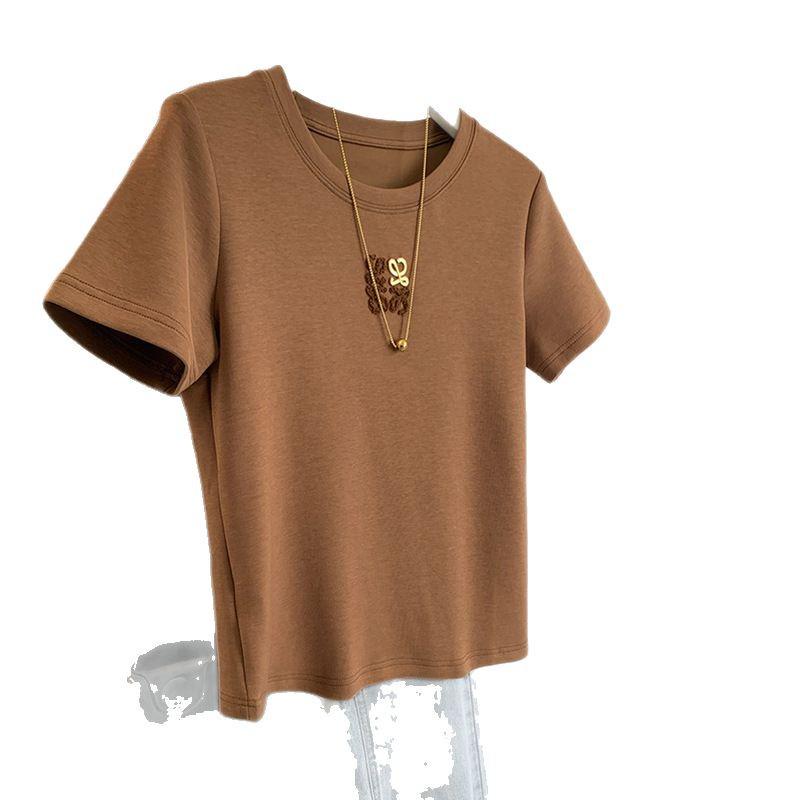 Women's Khaki Short-Sleeve Loose Cotton T-Shirt - Summer 2024 Petite New Design