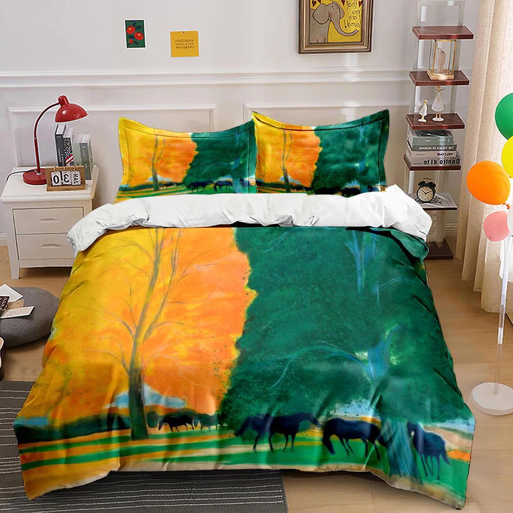 Autumn Forest And Grazing Horses Kid'S And Adults' Bedroom Decor, Exquisite Three-Piece Bedding Set Gift