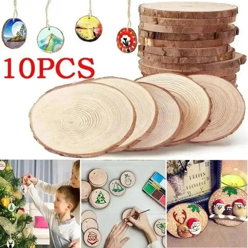 10Pcs/set Christmas Natural Color Wood Slices Round Log Discs for Arts & Crafts Home Hanging Event Decorations(not Include Rope)