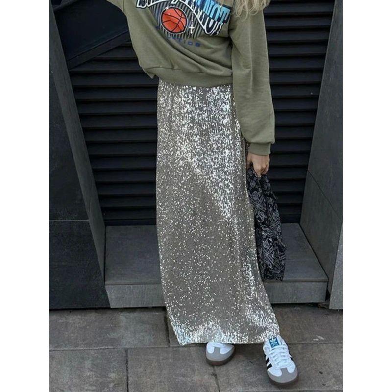 Sequin Elastic Waist Slim Fit Skirt Sequin Elastic Waist Silm Straight-leg Skirt