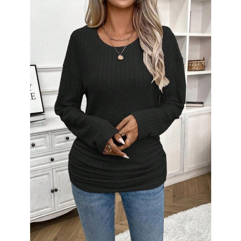 Women's Fashion Casual Spring Fall Solid Color Print Long Sleeve O-Neck Blouses & Shirts