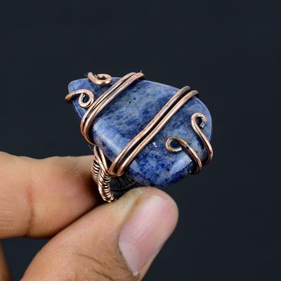 Natürlicher Sodalith Edelstein Handarbeit Kupferdraht Wickelring Geschenk Größe 6 B5J80