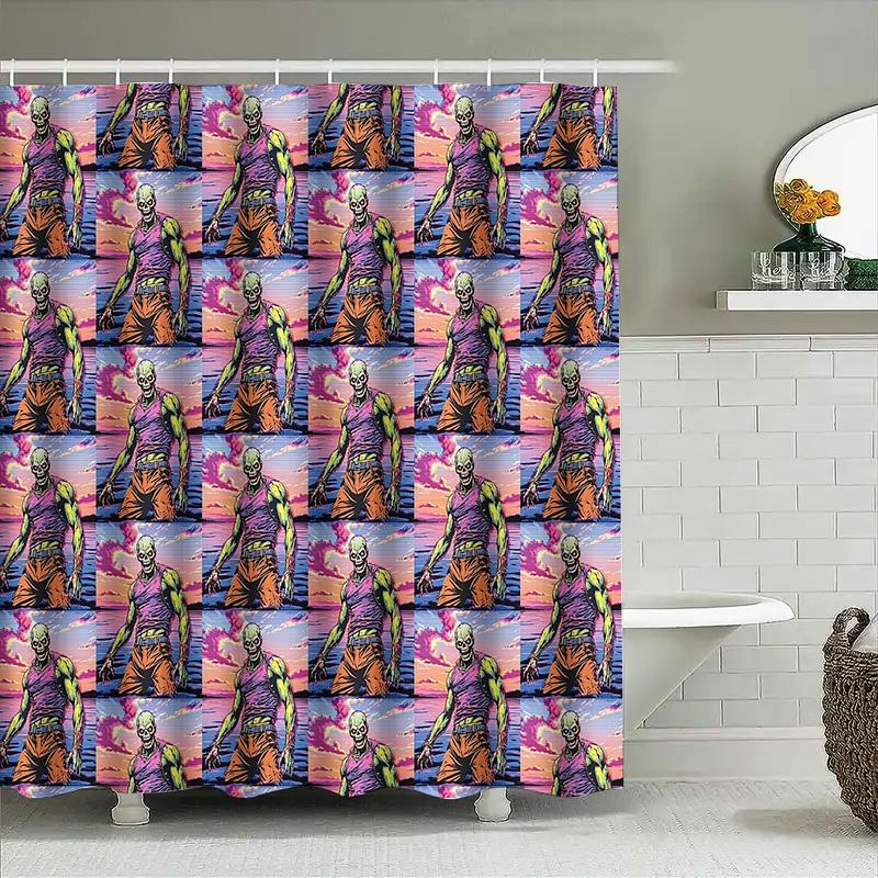 Spooky Zombie Shower Curtain Horror Movie Theater Gothic Decor Halloween Bathroom Set Vintage Retro Style Wall Art