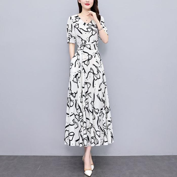 Elegant Plus Size Slimming Polyester Summer Dress for Middle-Aged Women 4XL