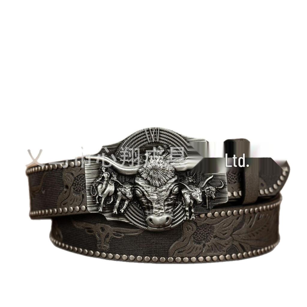 Cinturón de aleación de zinc con cabeza de toro en relieve de estilo western vaquero para hombre con correa de cuero PU