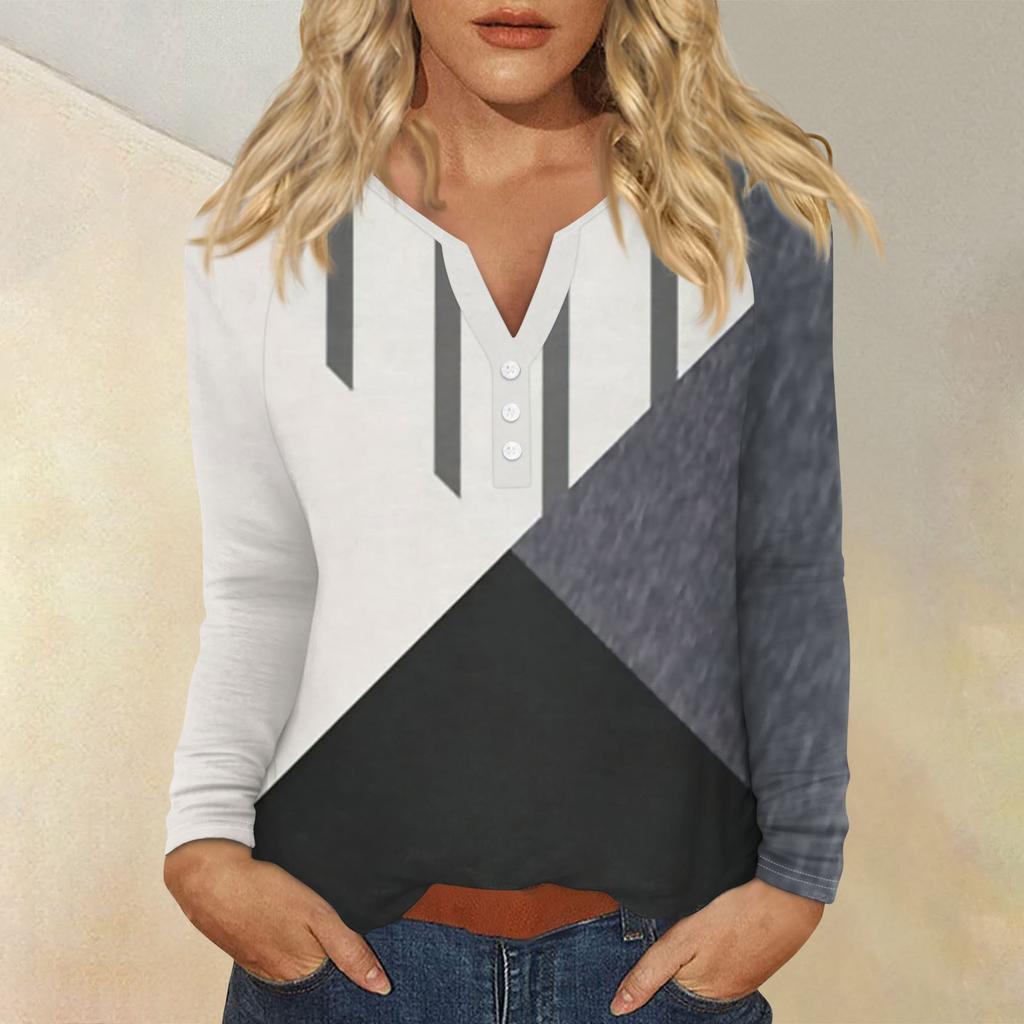 Dámské módní ležérní tričko s potiskem a výstřihem do V s dlouhým rukávem a knoflíkem