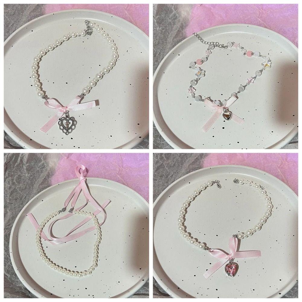 Zircon Bowknot Pendant Choker Korean Style Balletcore Choker Pink Bow Necklace Birthday Gift