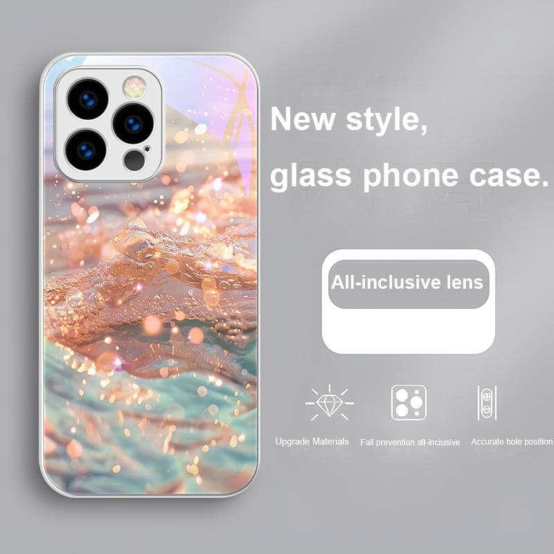 Kleurrijke golven blauw telefoonhoesje van gehard glas voor iPhone 16 Plus 15 14 13 12 Mini 11 Pro Max X XS XR 7 8 Plus 2022