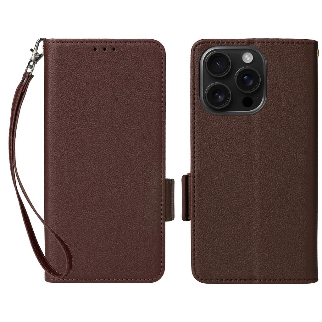 For iPhone 16 Pro Case with Wrist Strap Litchi Texture PU Leather Wallet Phone Cover