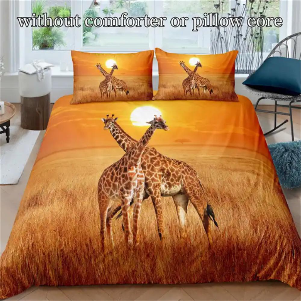 3D Giraffe Print Duvet Cover Set with Pillowcases, Soft All-Season Polyester Bedding Set, Animal Theme Bedroom Decor with Zipper