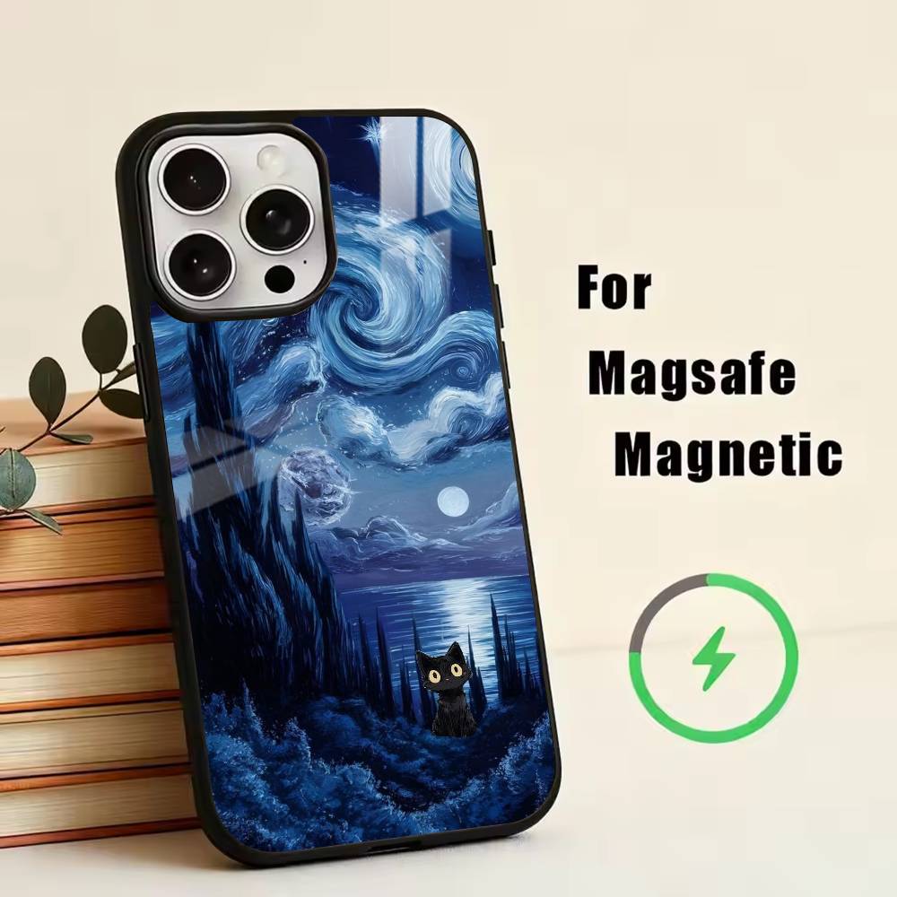 

Van Gogh Chibi Cat Phone Case For iPhone17,16,15,14,13,12,11 Plus,Pro Magnetic with Magsafe Wireless Charging iPhone17Promax