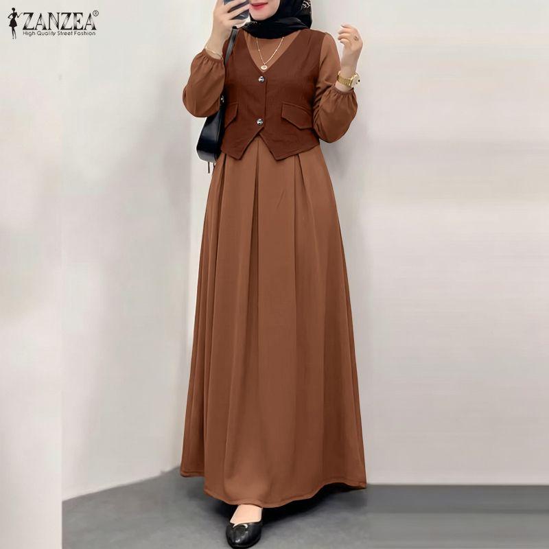 ZANZEA Abito Lungo Casual da Donna Girocollo Maniche Lunghe Largo Patchwork