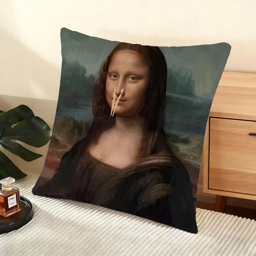 Mona Lisa Wearing Pearls Girl Cushion Cover Soft Short Plush Pillow Cover Smooth Cozy Texture Aesthetic Cushion Case Home Decor