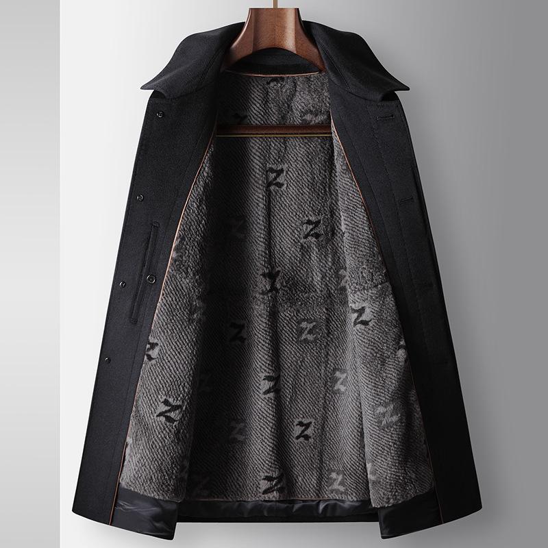 Men's Woolen Coat Autumn and Winter Executive Lapel Middle-aged High Luxury Business Unloading Rabbit Hair Liner Thick Coat